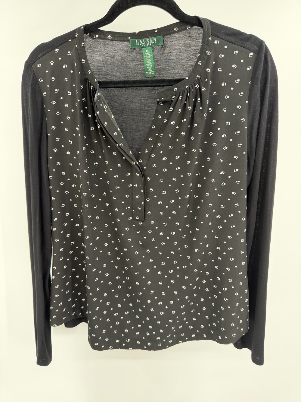 Lauren Ralph Lauren Black Printed Long-Sleeve Henley Top Mixed Media Size LP